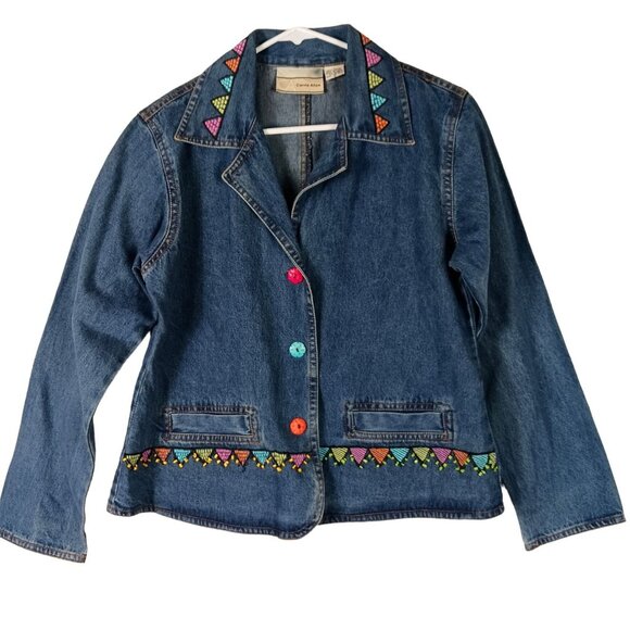 Art to Wear Jean Jacket Womens S Blue Embroidered Floral Beaded Boho Denim - Picture 2 of 13